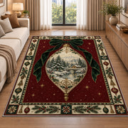 Winter Scene Ornament Christmas area rug in a living room beside a sofa