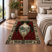Winter Scene Ornament Christmas area rug in a bedroom beside the bed