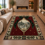 Winter Scene Ornament Christmas area rug in a living room with a fireplace