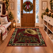 Vintage Phonograph with Wreath Christmas area rug in a Christmas-decorated entryway