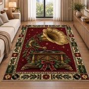 Vintage Phonograph with Wreath Christmas area rug in a living room beside a sofa