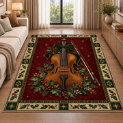 Violin with Holly Berries Christmas area rug in a living room beside a sofa