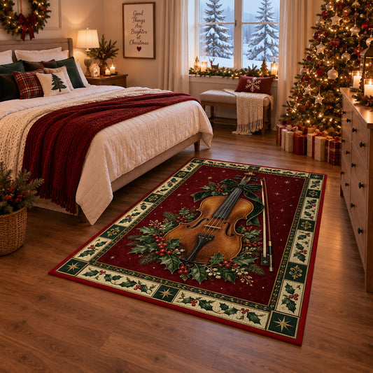 Violin with Holly Berries Christmas area rug in a bedroom with festive decor