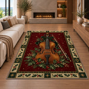 Violin with Holly Berries Christmas area rug in a living room with a fireplace