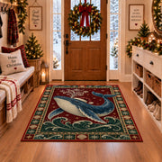 Whale in Santa Hat Christmas area rug in a Christmas-decorated entryway