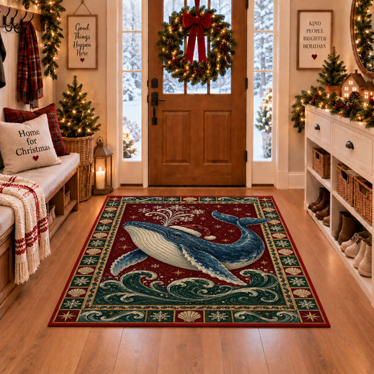 Whale in Santa Hat Christmas area rug in a Christmas-decorated entryway