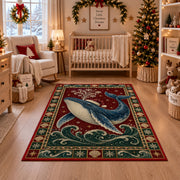 Whale in Santa Hat Christmas area rug in a nursery with a crib