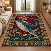 Whale in Santa Hat Christmas area rug in a living room beside a sofa