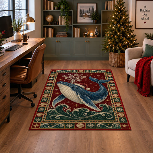 Whale in Santa Hat Christmas area rug in a home office with a Christmas tree