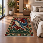Whale in Santa Hat Christmas area rug in a bedroom beside the bed