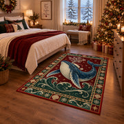 Whale in Santa Hat Christmas area rug in a bedroom with festive decor