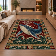 Whale in Santa Hat Christmas area rug in a living room with a fireplace
