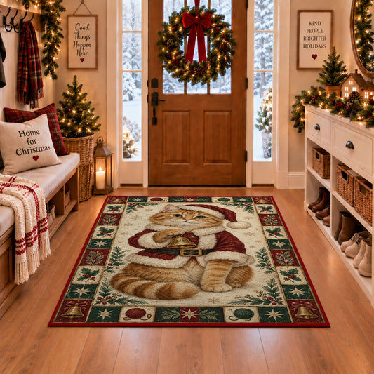 Ginger Cat in Santa Coat Christmas area rug in a Christmas-decorated entryway
