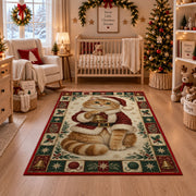 Ginger Cat in Santa Coat Christmas area rug in a nursery with a crib