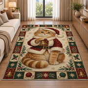 Ginger Cat in Santa Coat Christmas area rug in a living room beside a sofa