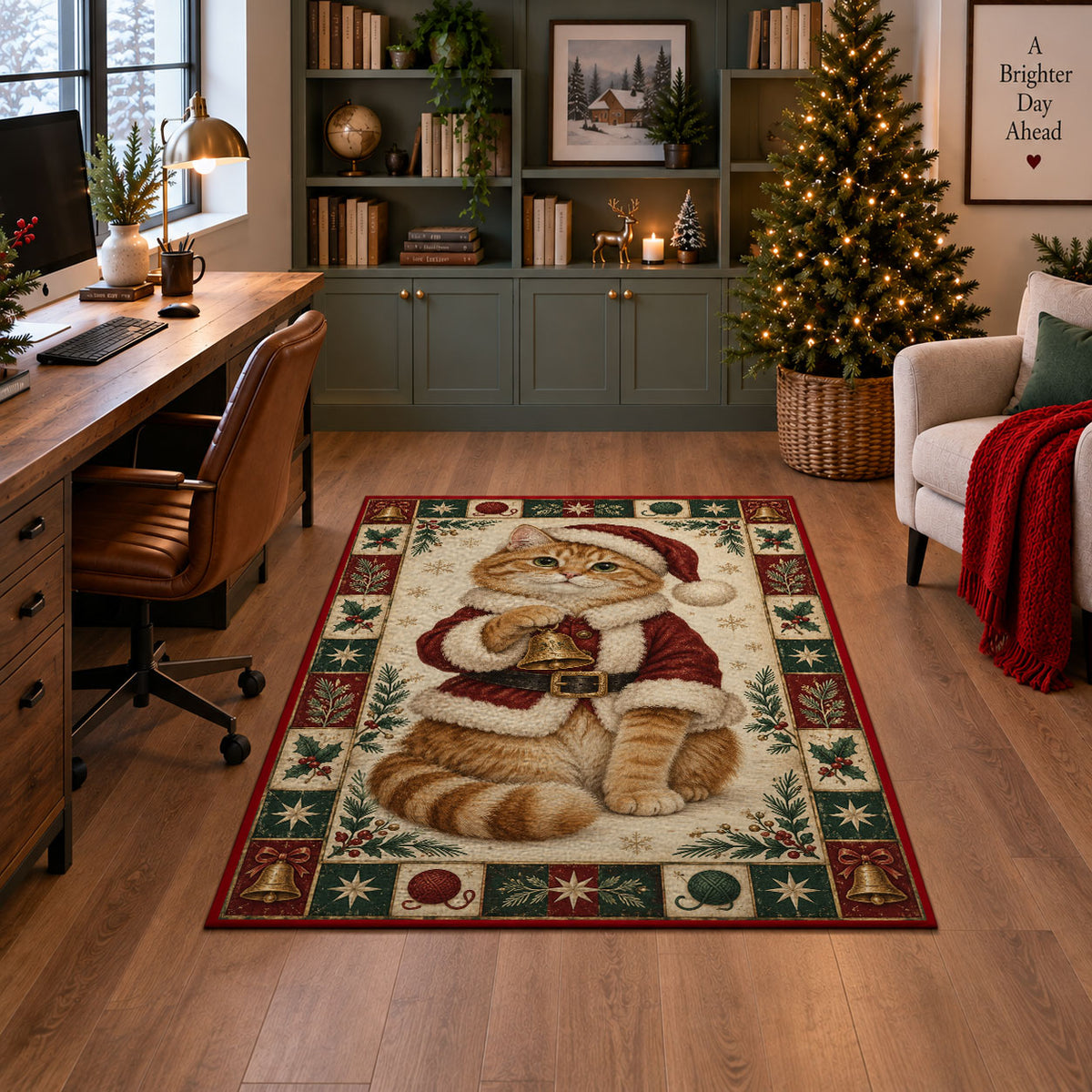 Ginger Cat in Santa Coat Christmas area rug in a home office with a Christmas tree