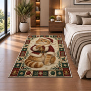 Ginger Cat in Santa Coat Christmas area rug in a bedroom beside the bed