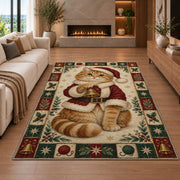 Ginger Cat in Santa Coat Christmas area rug in a living room with a fireplace