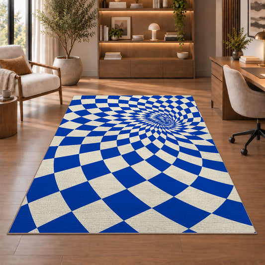 Blue Optical Checker Vortex area rug in a study with an armchair and bookshelves
