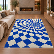 Blue Optical Checker Vortex area rug in a living room with a fireplace