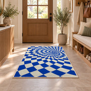 Blue Optical Checker Vortex area rug in an entryway