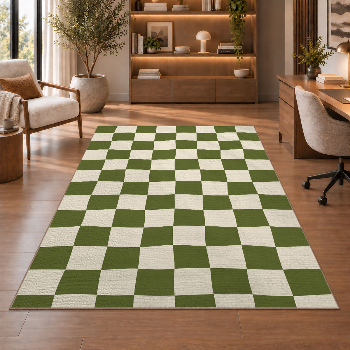 Sage Green Checkerboard area rug in a study with an armchair and bookshelves