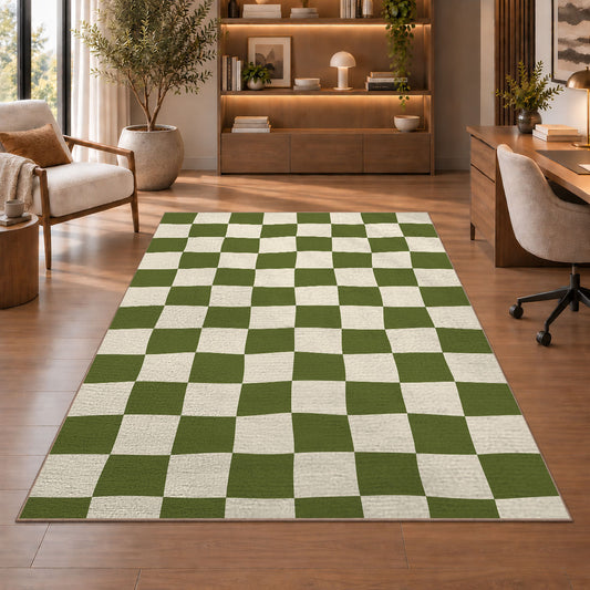 Sage Green Checkerboard area rug in a study with an armchair and bookshelves