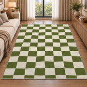 Sage Green Checkerboard area rug in a living room beside a sofa