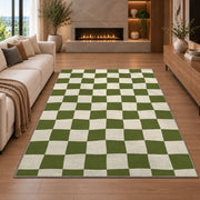Sage Green Checkerboard area rug in a living room with a fireplace