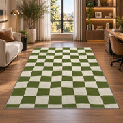 Sage Green Checkerboard area rug in a home office beside a desk