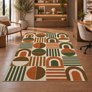 Retro Arch Geometric area rug in a study with an armchair and bookshelves
