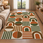 Retro Arch Geometric area rug in a living room beside a sofa