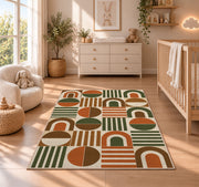Retro Arch Geometric area rug in a nursery beside a crib