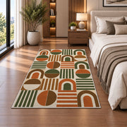 Retro Arch Geometric area rug in a bedroom beside the bed