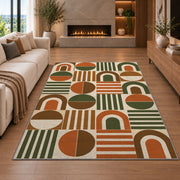 Retro Arch Geometric area rug in a living room with a fireplace