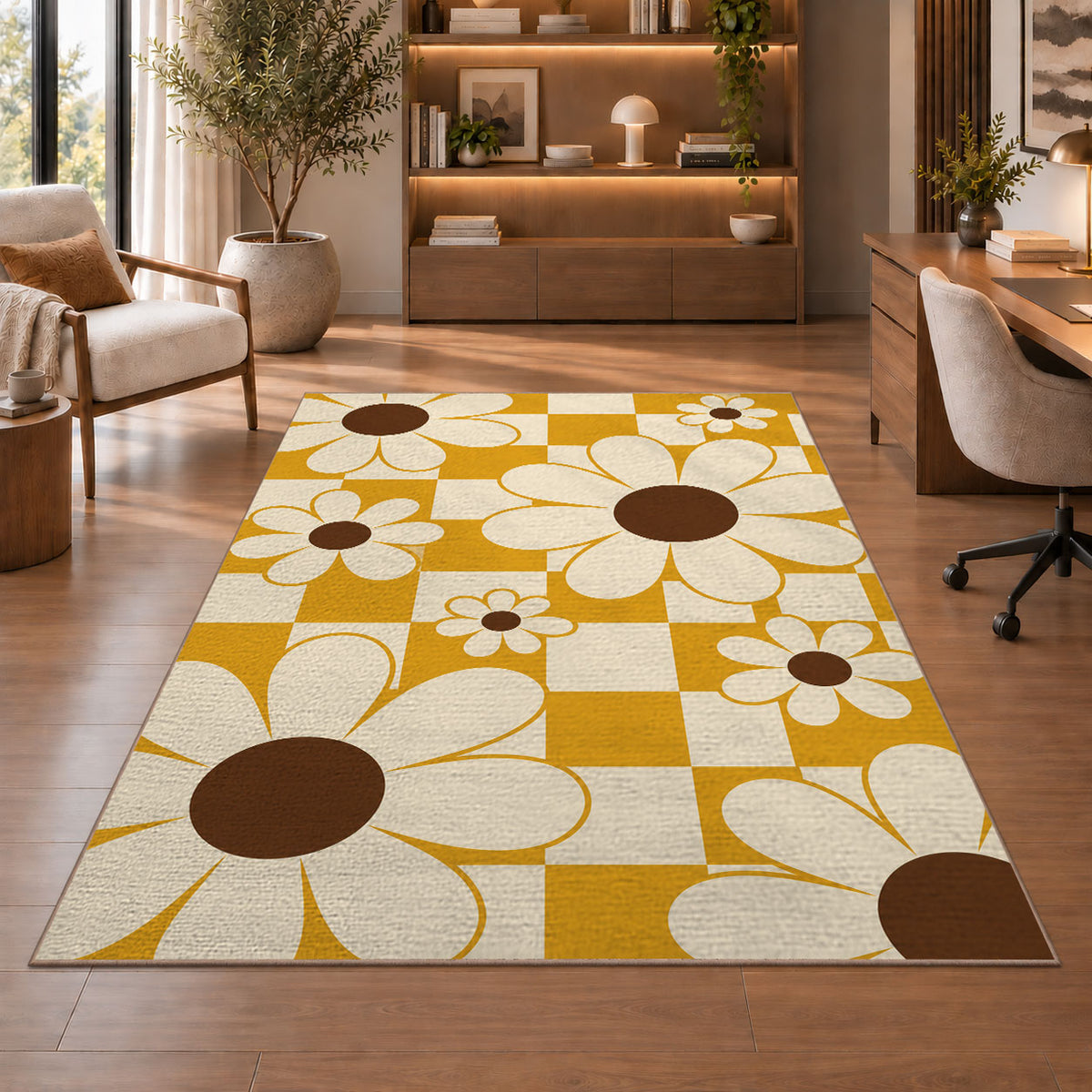 Retro Daisy Checker area rug in a study with an armchair and bookshelves