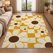 Retro Daisy Checker area rug in a living room beside a sofa