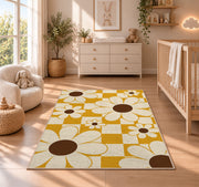 Retro Daisy Checker area rug in a nursery beside a crib