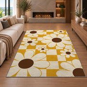 Retro Daisy Checker area rug in a living room with a fireplace