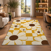 Retro Daisy Checker area rug in a home office beside a desk