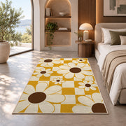 Retro Daisy Checker area rug in a bedroom with an arched window