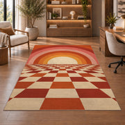 Retro Sunset Checkerboard area rug in a study with an armchair and bookshelves