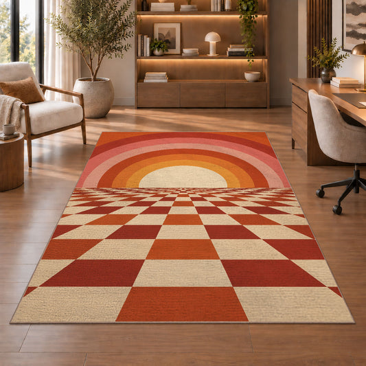 Retro Sunset Checkerboard area rug in a study with an armchair and bookshelves