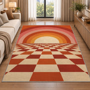 Retro Sunset Checkerboard area rug in a living room beside a sofa