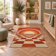 Retro Sunset Checkerboard area rug in a nursery with a crib and armchair