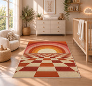 Retro Sunset Checkerboard area rug in a nursery beside a crib