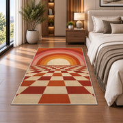 Retro Sunset Checkerboard area rug in a bedroom beside the bed