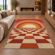 Retro Sunset Checkerboard area rug in a living room with a fireplace