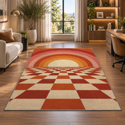 Retro Sunset Checkerboard area rug in a home office beside a desk