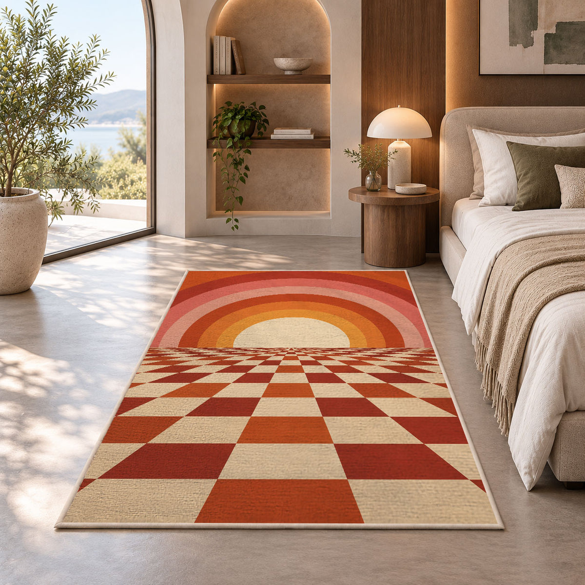 Retro Sunset Checkerboard area rug in a bedroom with an arched window